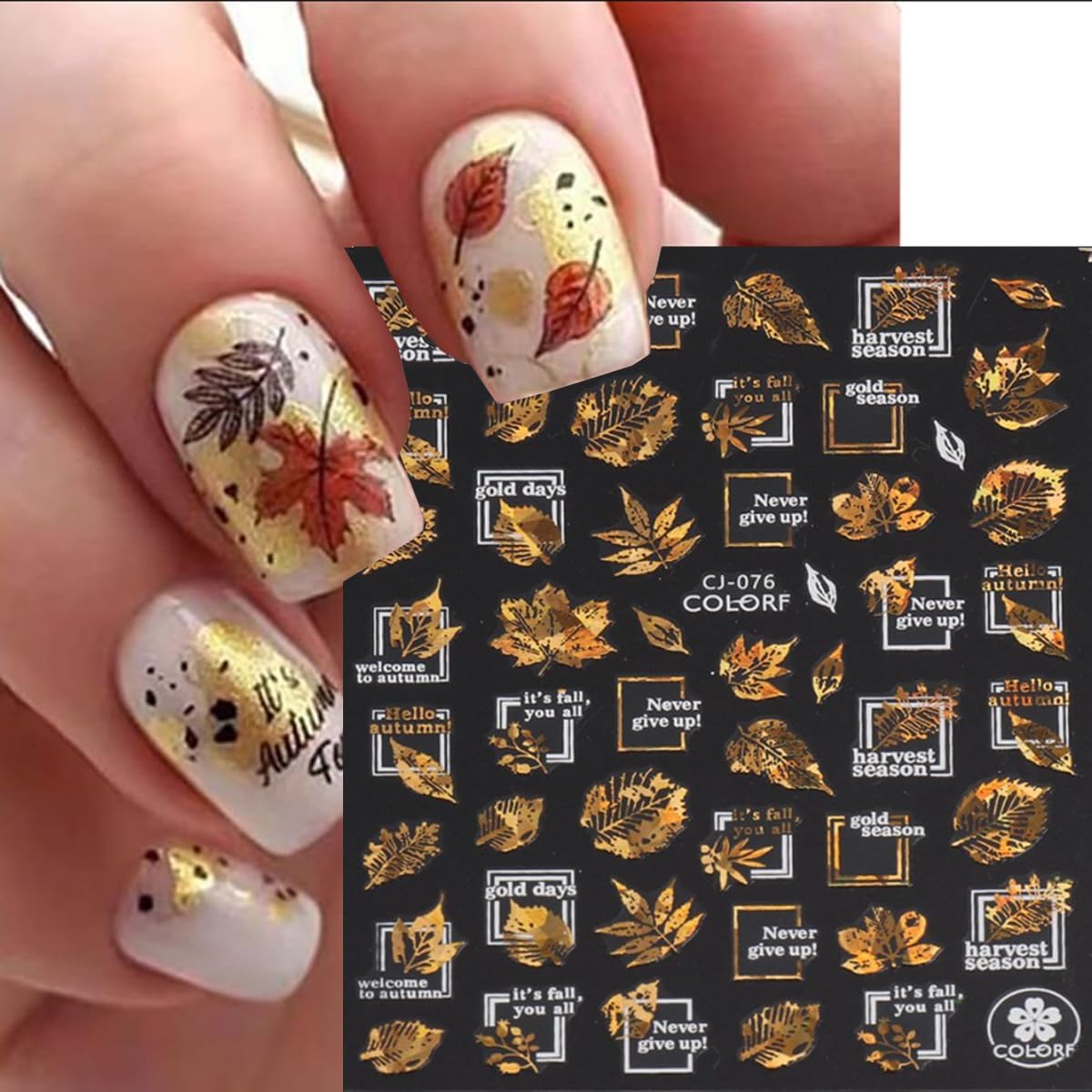 9 Sheets Autumn Nail Stickers Maple Leaf Nail Decals 3D Self Adhesive Nail Art Stickers Bronzing Laser Gold Alphabet Design Fall Thanksgiving Sticker for Nail for Women Manicure Supplies