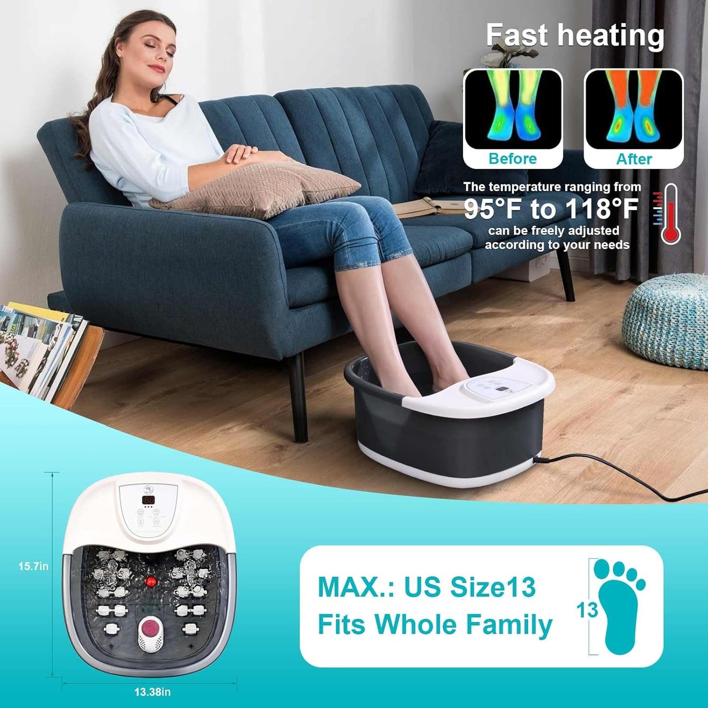 Foot Spa Bath Massager with Heat [2025 Upgraded], Vibration, Temperature Control, Jets, Bubbles, Epsom Salt, Feet Massager with 22 Massage Rollers, Foot Bath for Relaxation, Large, Grey