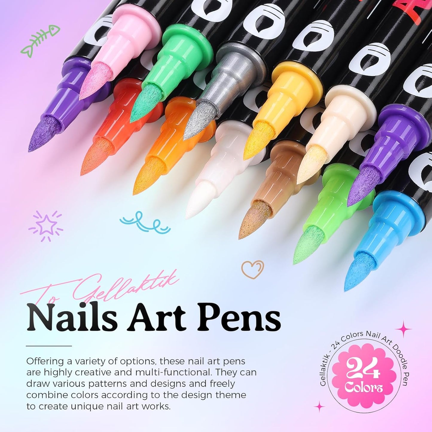 24 Colors Nail Art Pens Set, 3D Nail Polish Pens Quick-Drying Acrylic Paint Markers, Dotting Liner Brush for DIY Nail Design, Home & Salon Manicure Tools