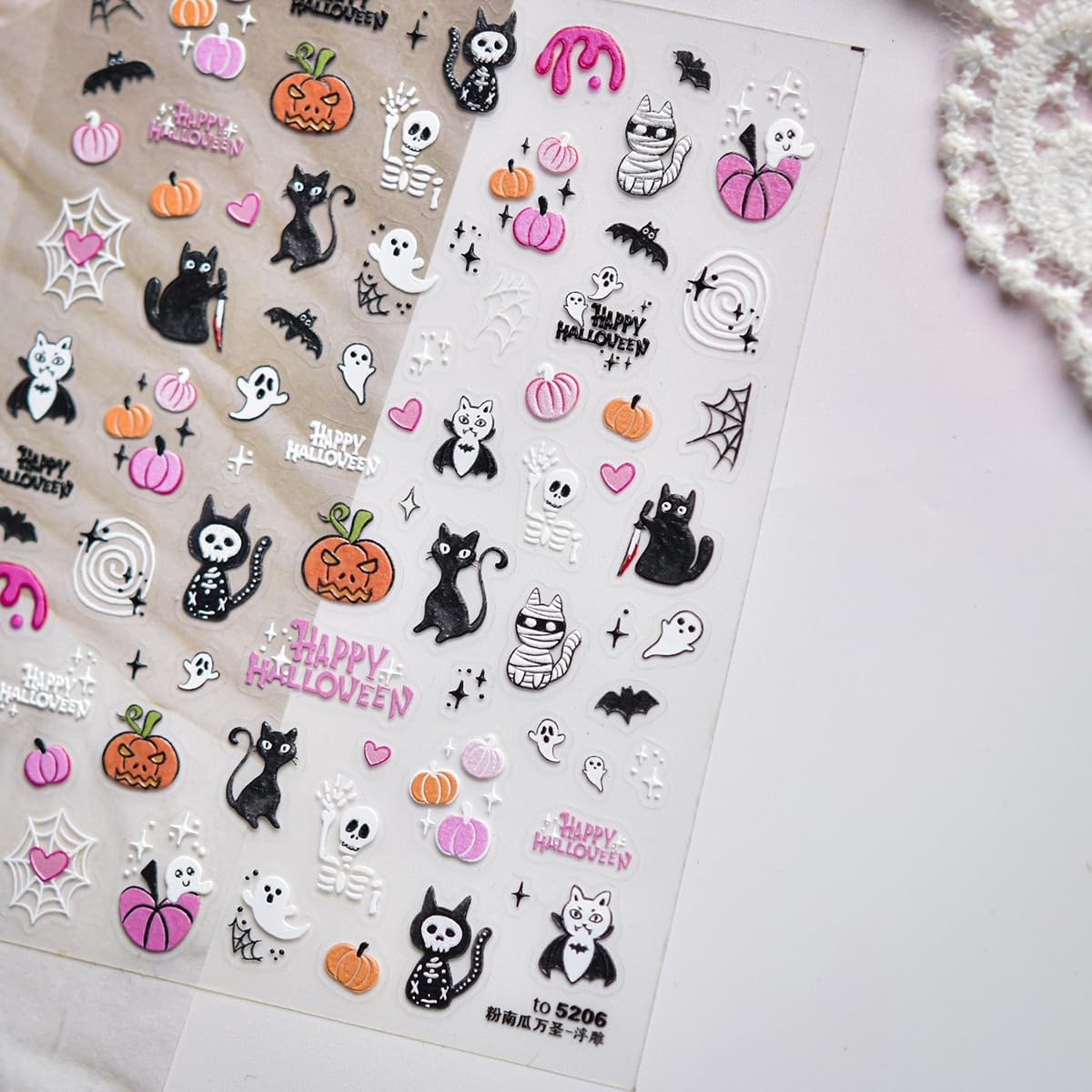 5D Embossed Halloween Nail Stickers Cute Pink Pumpkin Self-Adhesive Nail Art Pegatinas Uñas with Ghost Skull Cat Bat Designs Nails Decals Halloween DIY Manicure for Women Nails Art Decoration 1Sheet