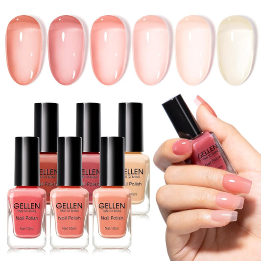 GELLEN Clear Pink Nail Polish, Sheer Pink Jelly Natural Regular Nail Polish Quick Dry Summer 6 Light Colors Set for Acrylic Natural Nails Home Salon, Chip Resistant, Non UV Gel, Hema Free, Non Toxic