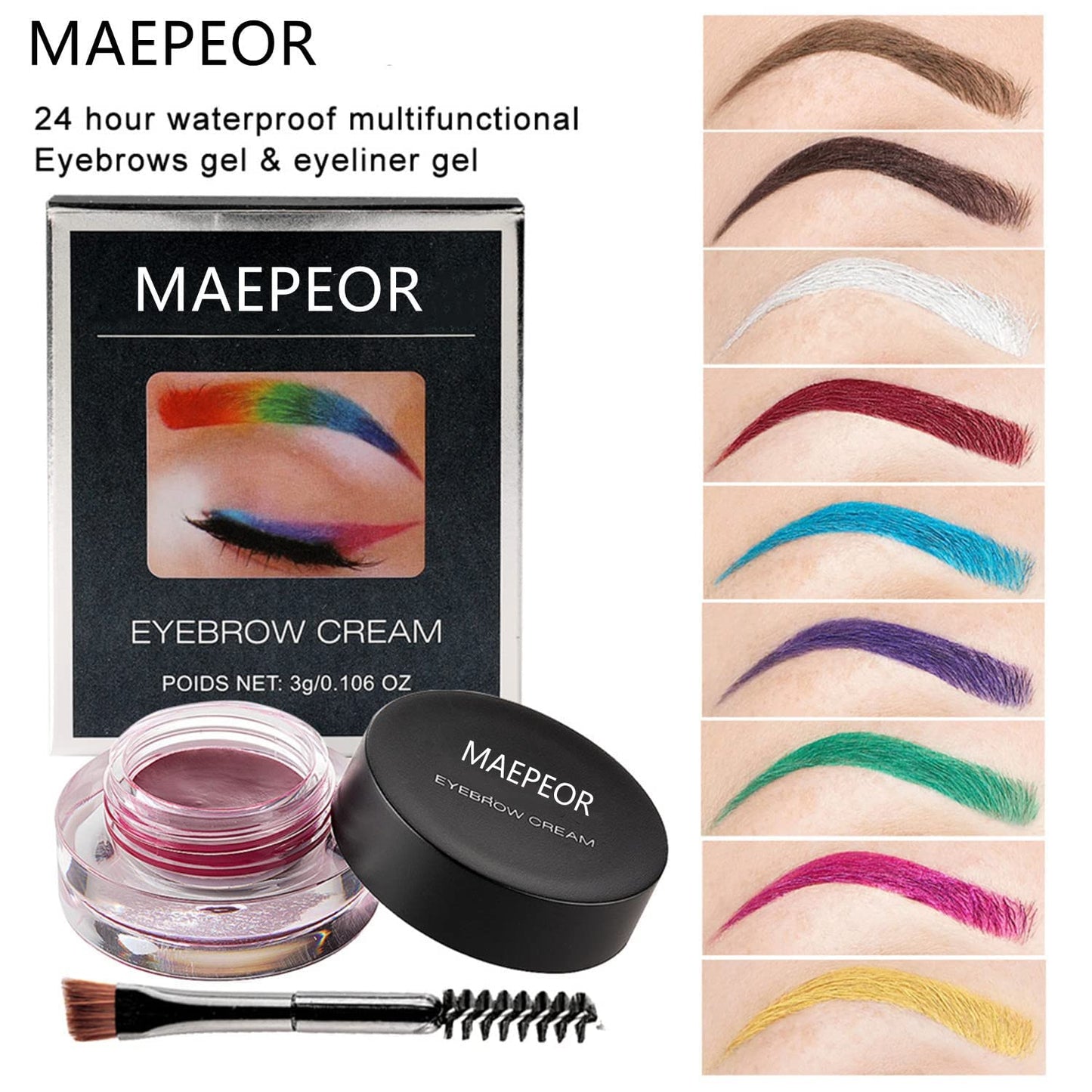 MAEPEOR 12 Colors Eyebrow Pomade Full-pigmented Long Lasting Waterproof Eyebrow Cream Gel Filling & Shaping Tinted Eyebrows Enhancers with Brush for Daily or Cosplay (12 Purple)
