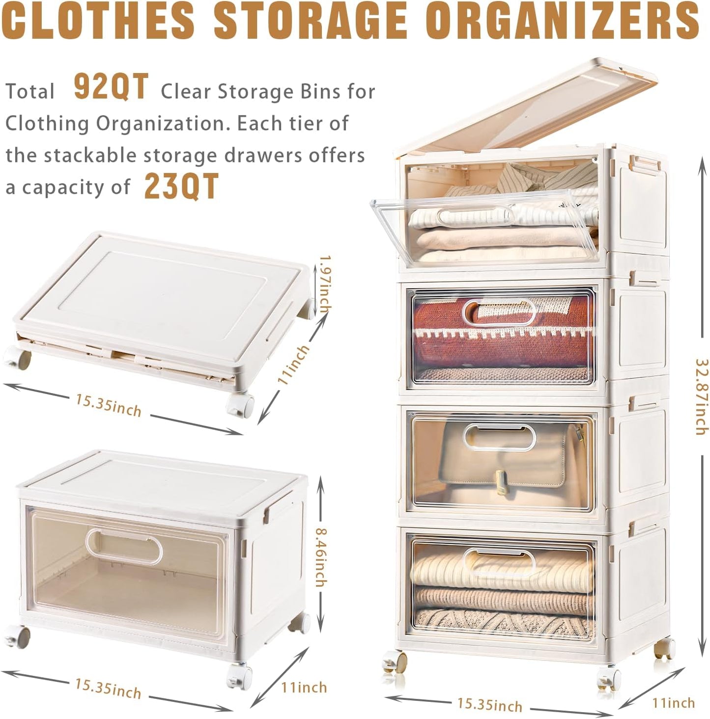 4-Tier Stackable Storage Bins with Lid, 23QT Storage Containers,Clear Foldable Plastic Drawer Storage on Wheels,Closet Organizers and Storage for Living Room,Bedroom,Office,Dorm