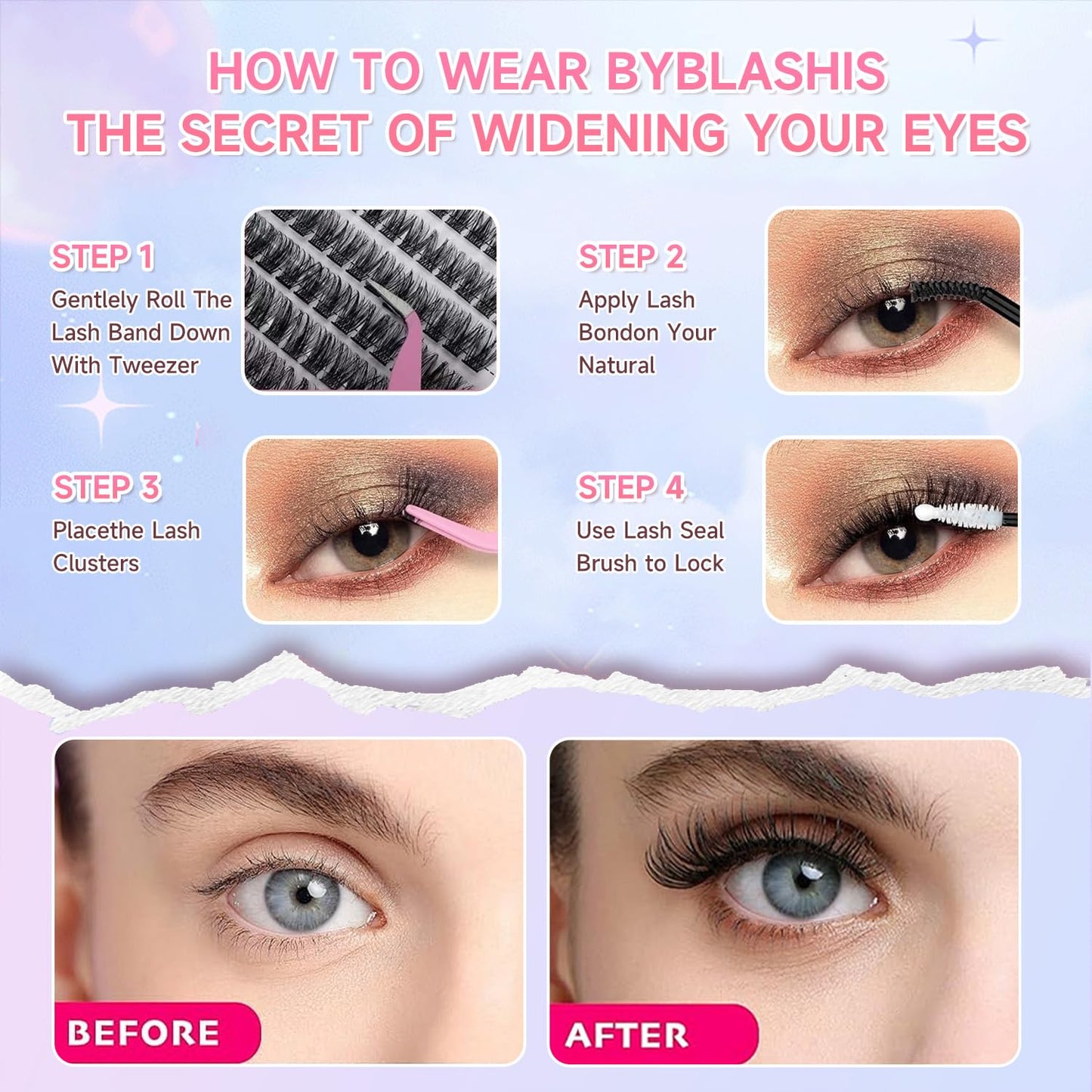 Lash Extension Kit DIY 240pcs Lash Clusters Eyelash Extension Kit, 8-16mm 40D 50D Individual Lashes Kit with Lash Bond and Seal, Lash Tweezers for Self Use (40D&50D, 0.07D, 8-16mm, Kit)