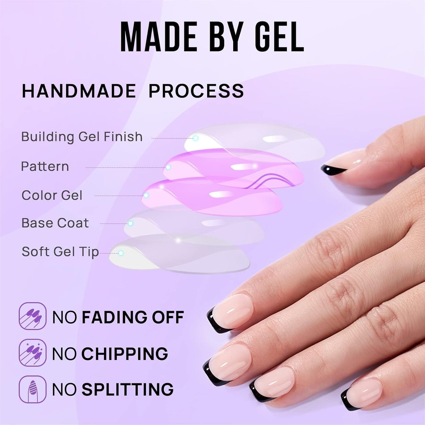 French Tip Press On Nails - BTArtbox Jelly Square Fake Nails with Nail Glue, Reusable Semi-Transparent Stick On Nails in 15 Sizes - 30PCS Soft Gel Glue On Nails Kit, Classic Black
