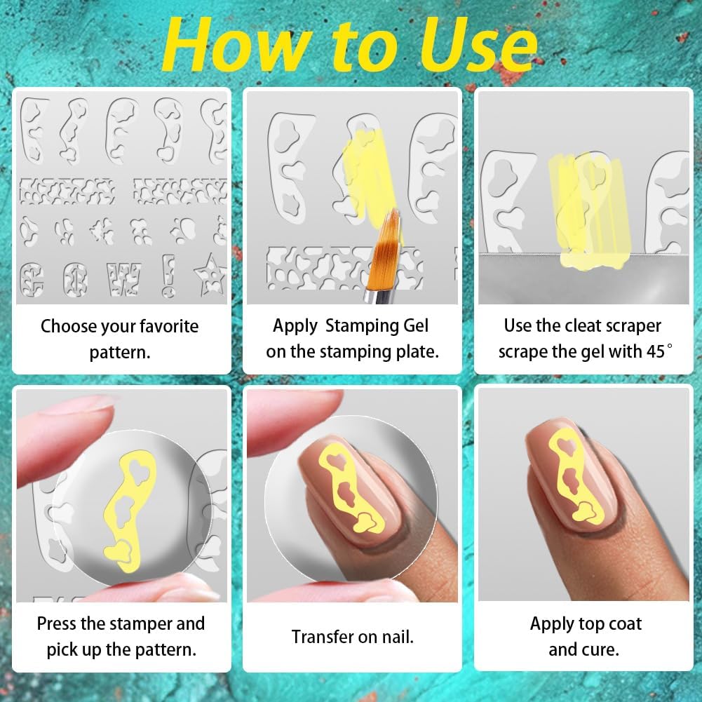 3Pcs Cute Cow Nail Stamping Plate Set Graffiti Spots Animal Heart ShapedStainless Steel Nail Templates Clear Silicone Nails Stamping with Stamper Scraper for Manicure Printing