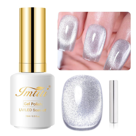 Imtiti Silver Cat Eye Gel Polish,0.5 fl.oz Holographic 9D Glitter Magnetic Soak Off UV LED Gel Nail Polish with Magnetic Stick for Nail Salon