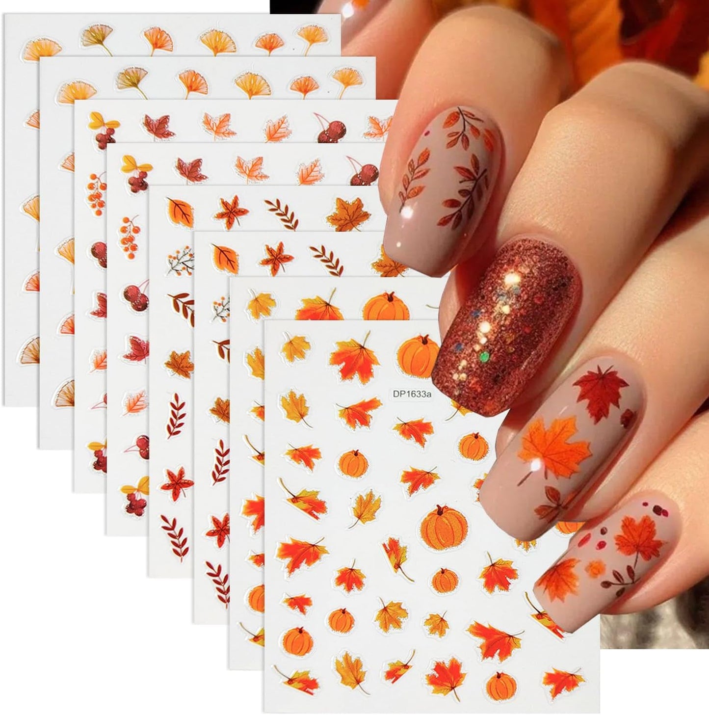 8 Sheets Maple Leaf Nail Stickers Pumpkin Nail Decals Orange Nail Art Stickers Fruit Leaves Mushroom with Glitter Design Autumn Nail Sticker for Nail Art for Women DIY Thanksgiving Manicure Supplies