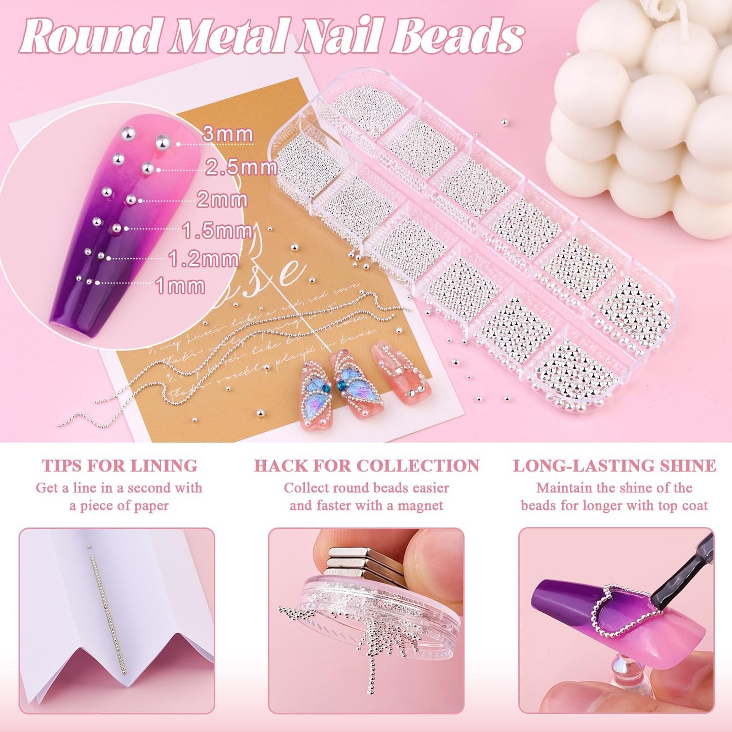 1-3MM Mini Small Nail Beads Metal Caviar Bead Silver Nail Charms and Gems Ball, Nail Chain for Nail Art Accessories Supplies Silver Rhinestones for Women Manicure