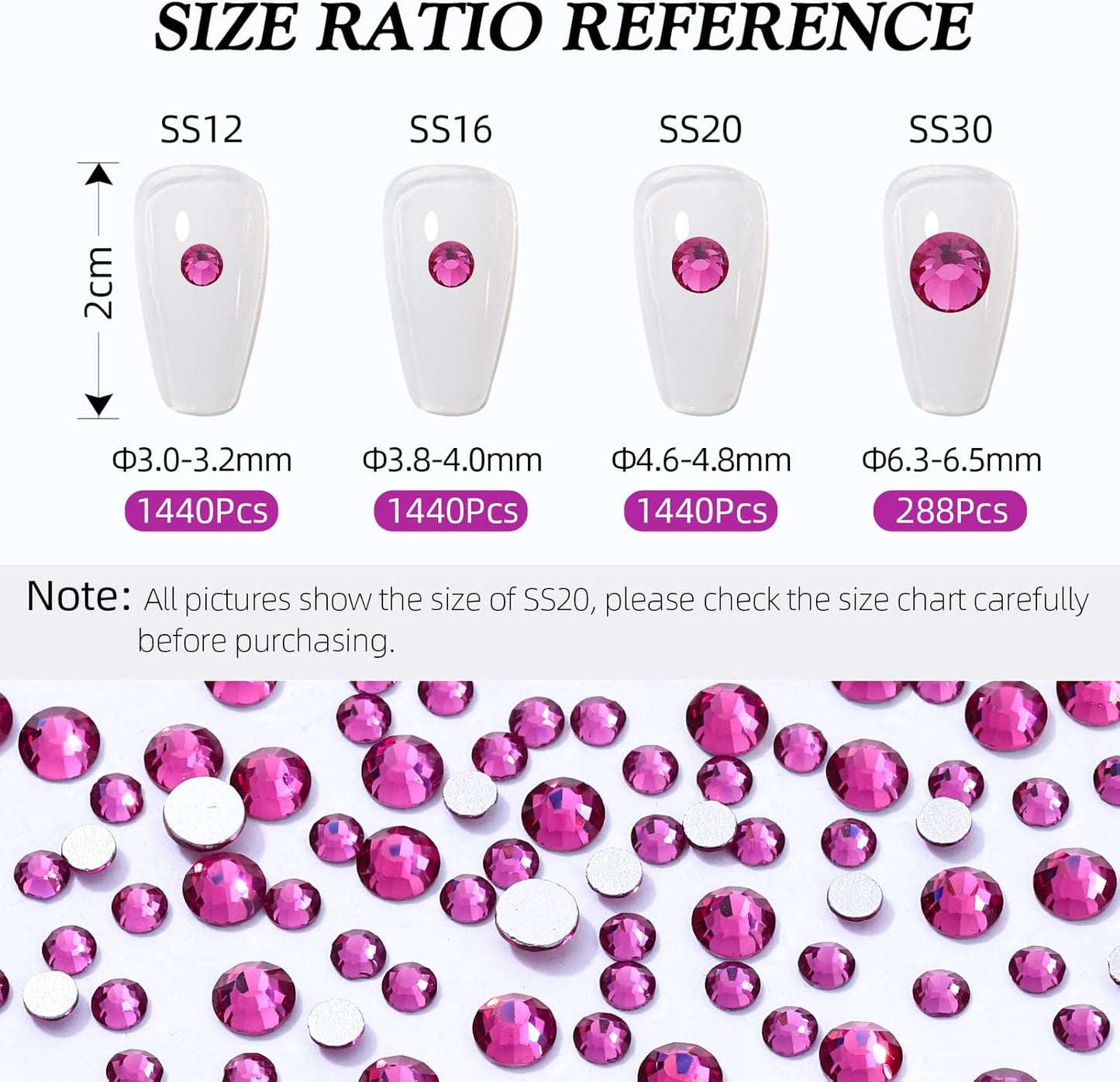 Fuchsia Flatback Rhinestones, Glass Rhinestones for Nail Art and Craft, Glue Fix, Loose Crystal Gemstones(Fuchsia, SS20, 1440pcs, 4.6-4.8mm)