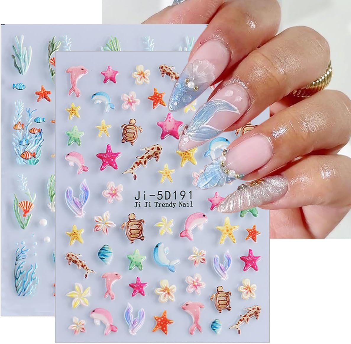 5D Embossed Summer Nail Stickers for Nail Art 2 Sheets Beach Starfish Nail Art Stickers Self-Adhesive Jellyfish Shell Starfish Sea Turtle Coconut Tree Designs Ocean Nail Decals for Women Acrylic Nails