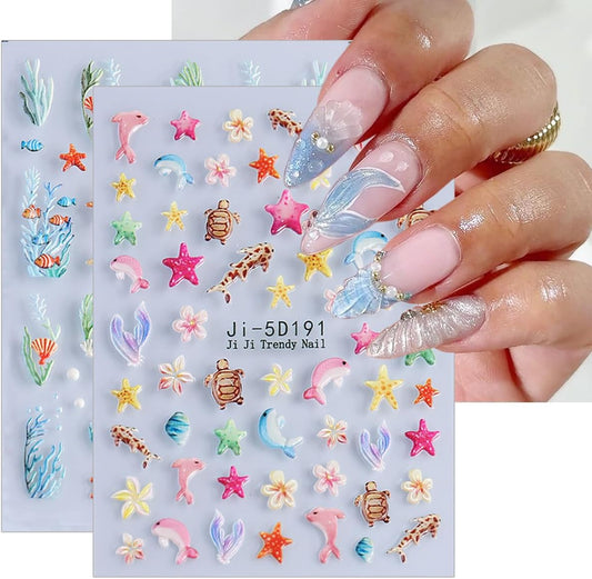 5D Embossed Summer Nail Stickers for Nail Art 2 Sheets Beach Starfish Nail Art Stickers Self-Adhesive Jellyfish Shell Starfish Sea Turtle Coconut Tree Designs Ocean Nail Decals for Women Acrylic Nails