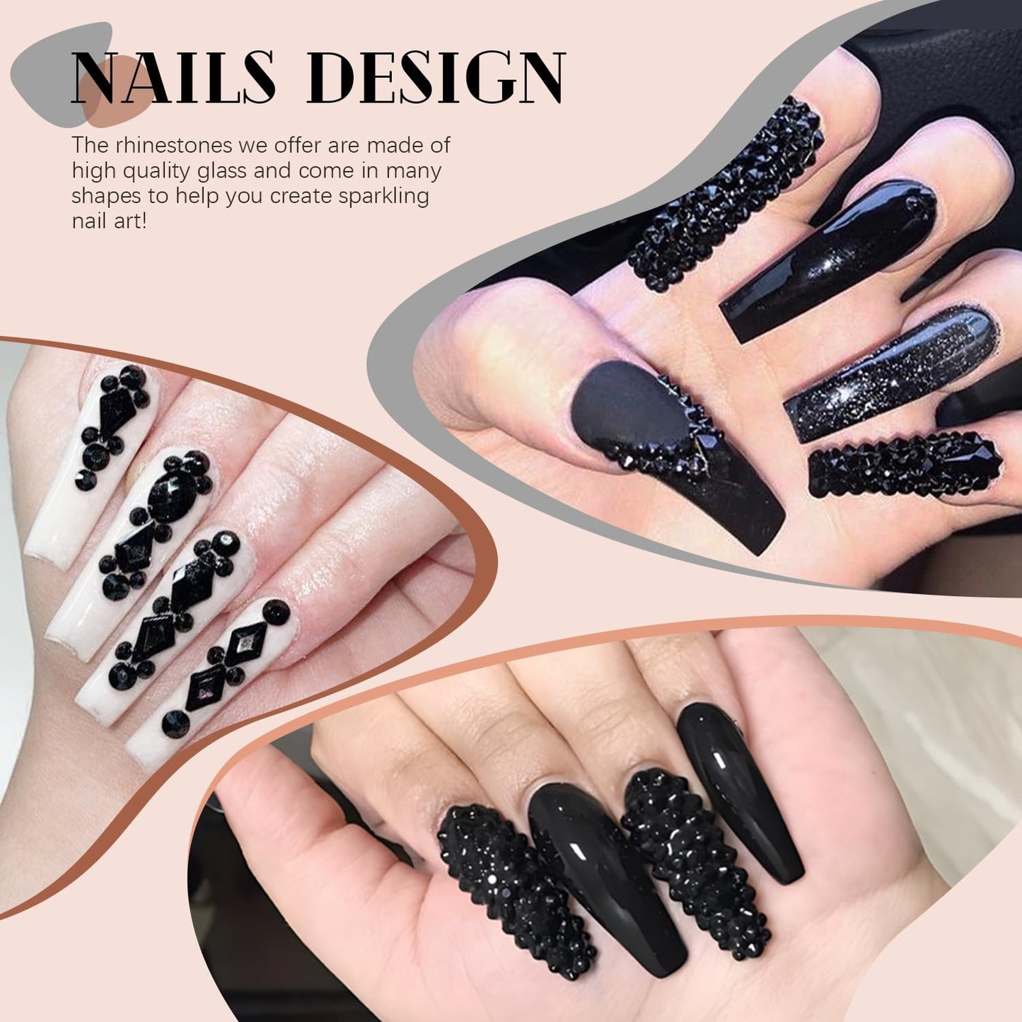 1680Pcs Black Glass Nail Rhinestones 180Pcs Multi Shapes Flatback Nail Gems + 1500Pcs 1.5-4mm Round Crystal, Manicure Nail Charms Diamond Gemstones for Acrylic Nails Decoration
