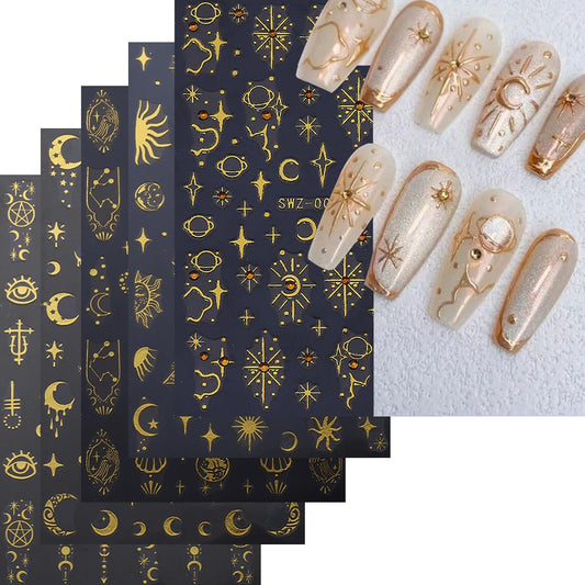 5 Sheets Metallic Gold Nail Art Stickers 3D Self-Adhesive Nails Stickers Bohemian Sun Moon Hexagram 3D Decal Supplies Women DIY Gold Metal Nail Art Decoration