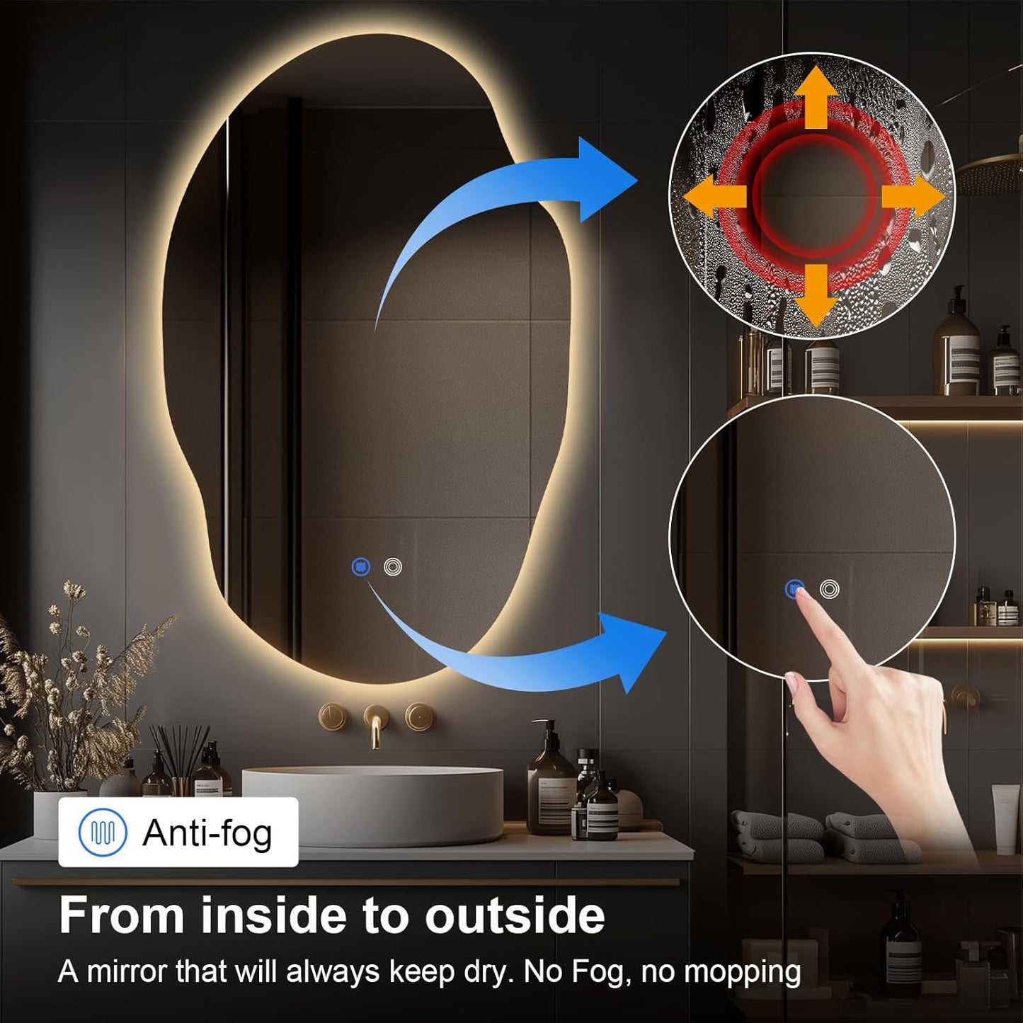 Asymmetrical LED Bathroom Mirror with Lights,Irregular Led Bathroom Vanity Mirror for Wall with Front and Backlit, Anti Fog, 3 Colors and Dimmable Light,[Horizontal/Vertical] 48" H x 30" W