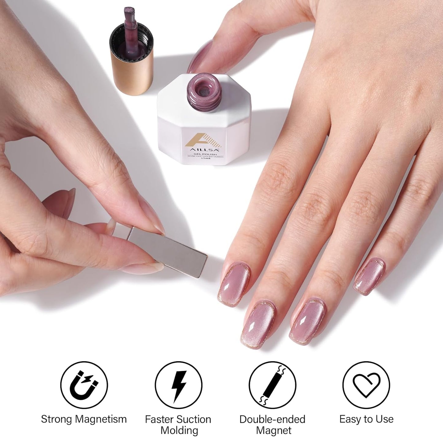 AILLSA Nude Pink Cat Eye Gel Nail Polish Shimmer Glitter Crystal Polish with Magnet, Jelly Purple Sparkle Nail Polish Reflective Translucent Color U V Gel Salon DIY at Home 0.5 OZ GF22