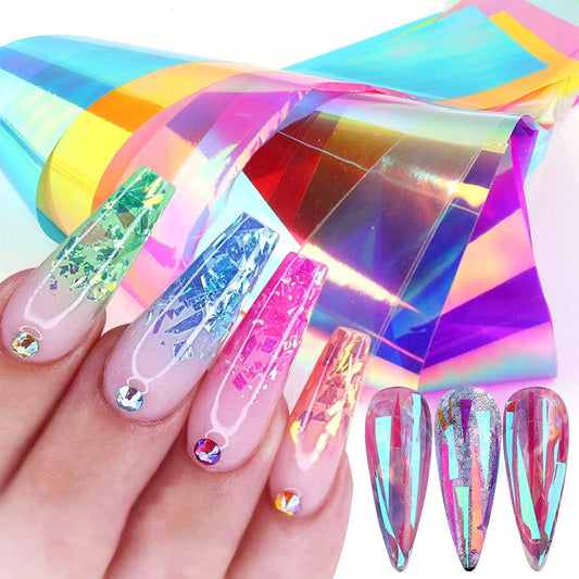 8 Sheets Gradient Glass Paper Nail Art Sticker，Colorful Laser Aurora Cellophane 3D Broken Glass Pieces Mirror Foils Nail Art Decoration for Women Acrylic DIY Nail Art Stickers