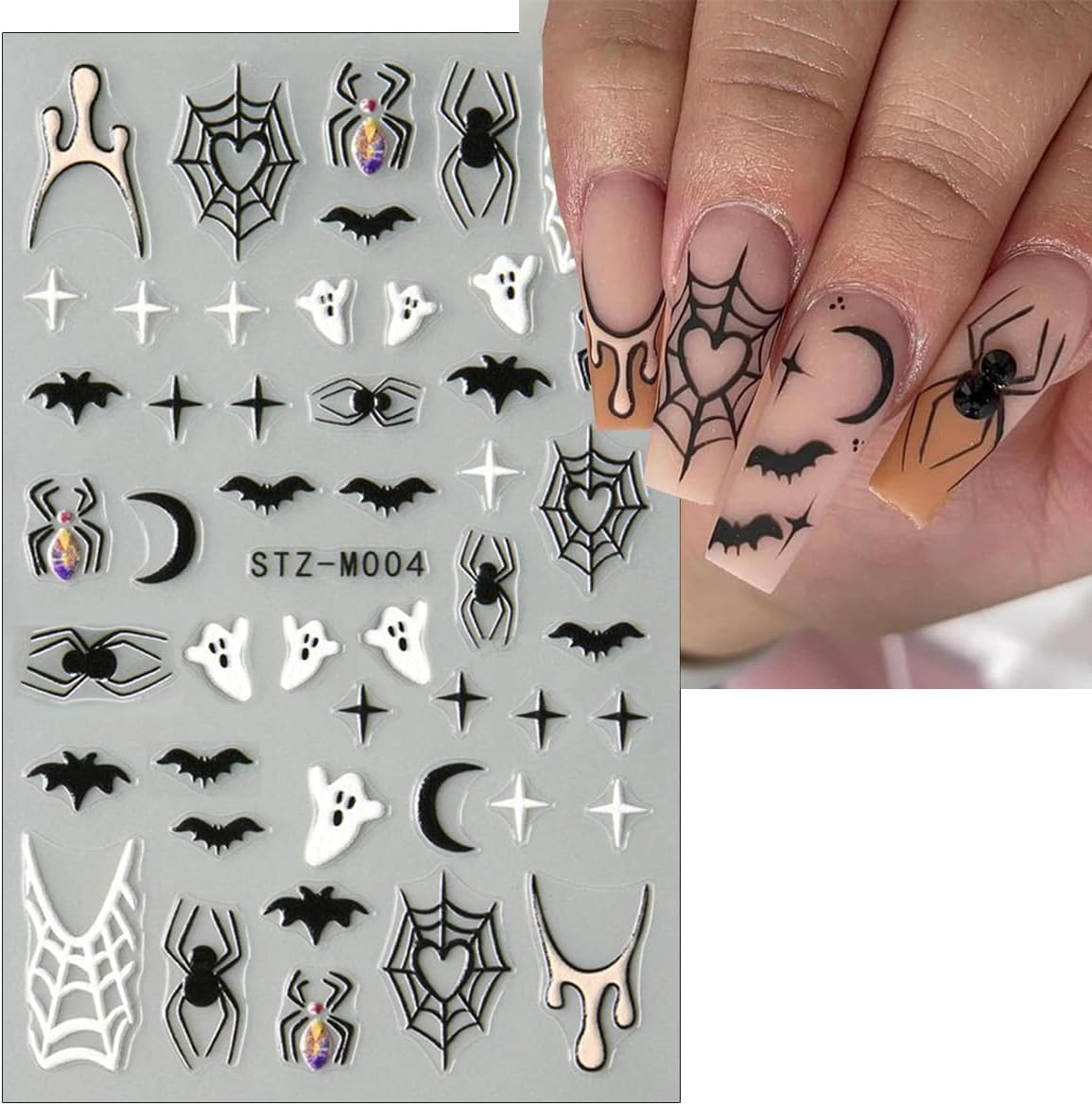 6Pcs Halloween Nail Stickers for Nail Art, Bat Spiders Nail Art Stickers Spider Web Black Rose Skull Ghost Nails Design Decals Halloween Nail Supplies for Women DIY Manicure Decoration Accessories