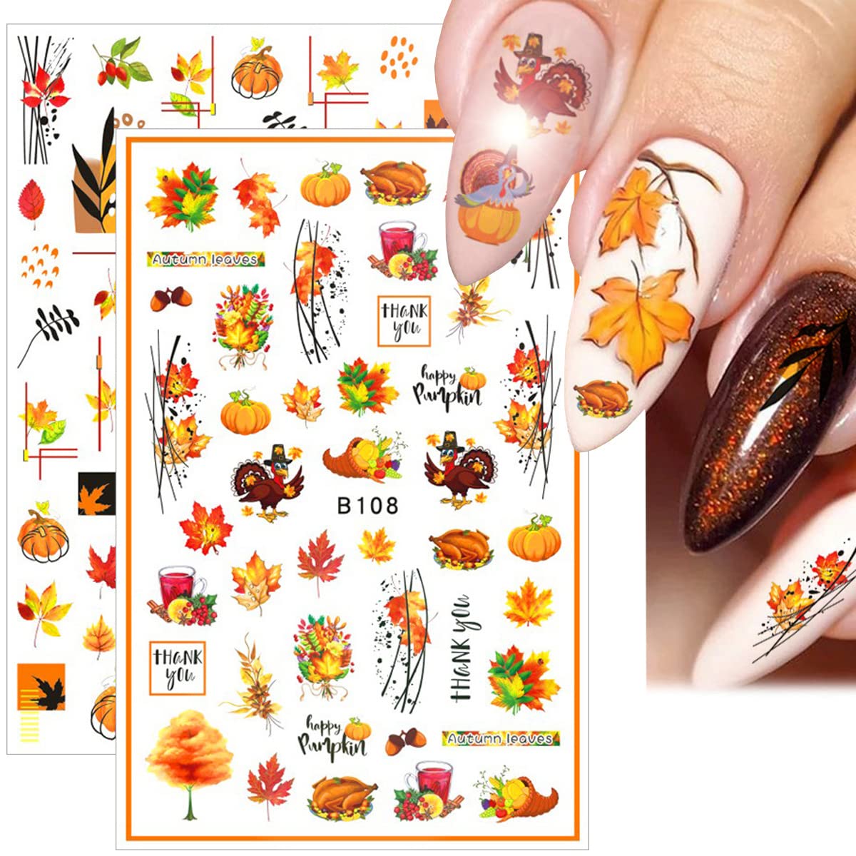 12 Sheets Fall Nail Art Stickers 3D Autumn Leaves Nail Decals Self-Adhesive Thanksgiving Nail Art Accessories Foils Maple Leaf Pumpkin Turkey Nail Designs for Women Girls DIY Manicure Decoration