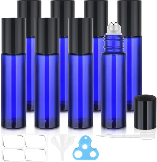 8 Pack, Essential Oil Roller Bottles, 10ml Blue Glass Roll on Bottles with Black Lids, Stainless Steel Roller Ball, Opener, Pipettes, Funnel, 8 Stickers, Refillable Container for Perfume