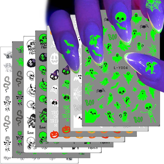 4 Sheets Halloween Nail Art Stickers Luminous Halloween Nail Stickers Glow in Dark Nail Art Design White Spooky Nail Decoration Cute Ghost Bat Spider Nail Decals for Women Girls Holiday DIY