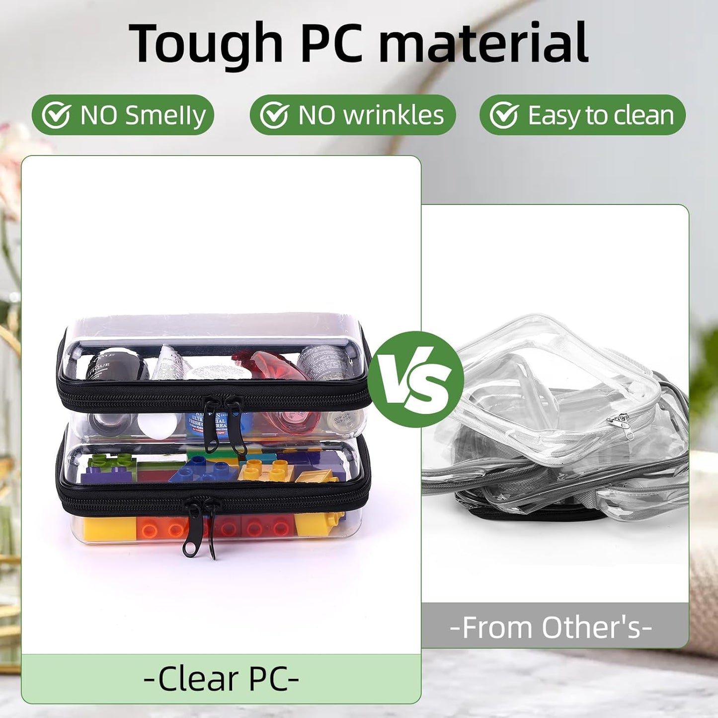 2 Pack Clear Hard Zipper Case, Hard PC Plastic Cosmetic Travel Bag with Zipper, Portable Travel Organizer Bins, Durable Makeup Bags for Toy Storage, Pencil Case