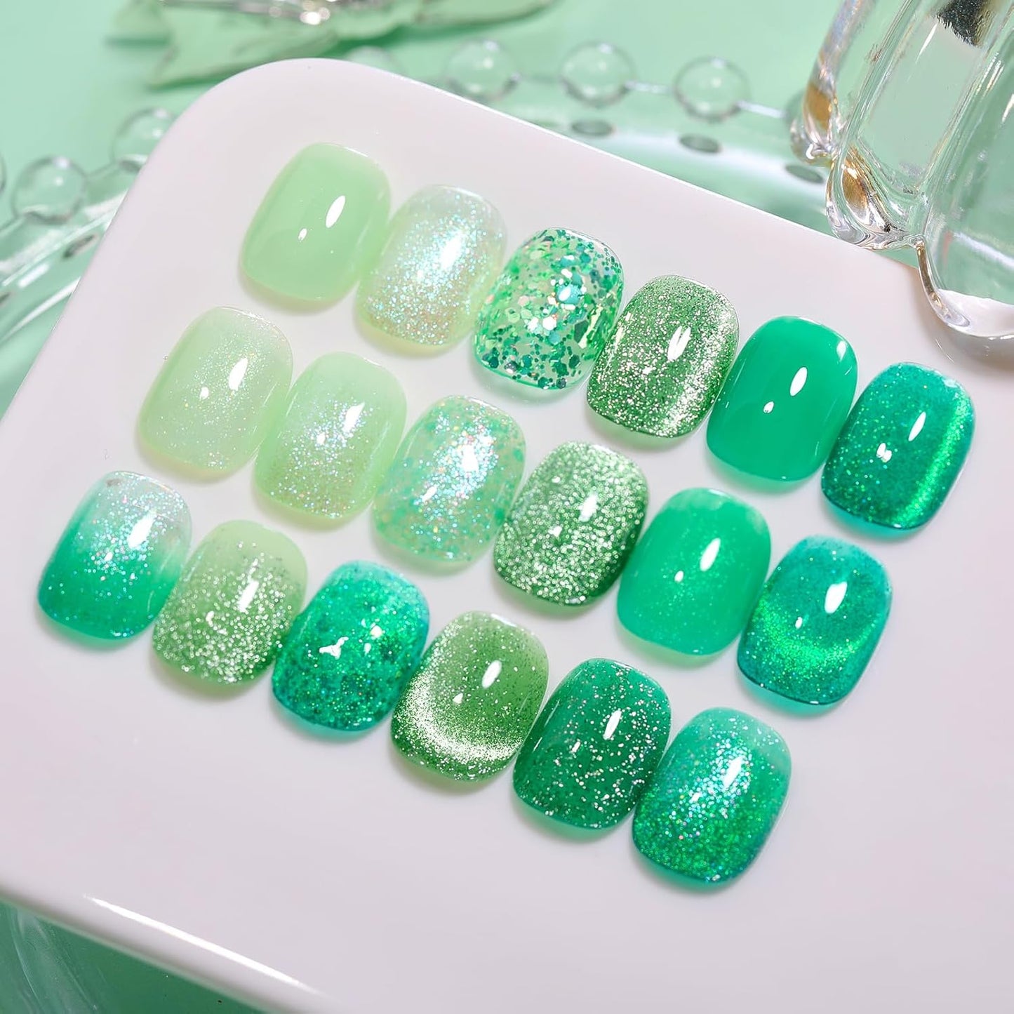 Born Pretty Christmas Green Gel Nail Polish,Jelly Transparent Gel Nail Polish, Cat Magnetic Eye,Shimmer Glitter Holographic Green Gel Polish Kit for Salon Manicure and Nail Art DIY at Home 6PCS 7ml