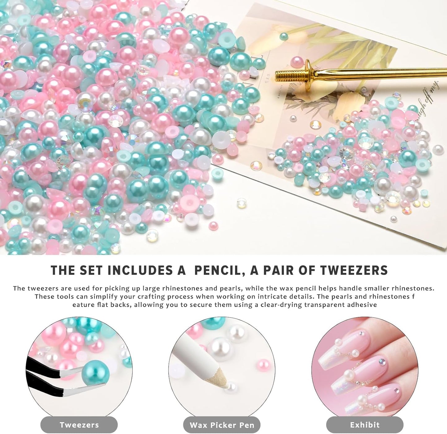 80g Mix Flatback Pearls and Rhinestones for Crafts Pink Blue White Mixed Size 2mm-10mm Half Round Pearls Rhinestones for Nail Art Tumblers Shoes DIY Bedazzling with Tweezers Wax Pen