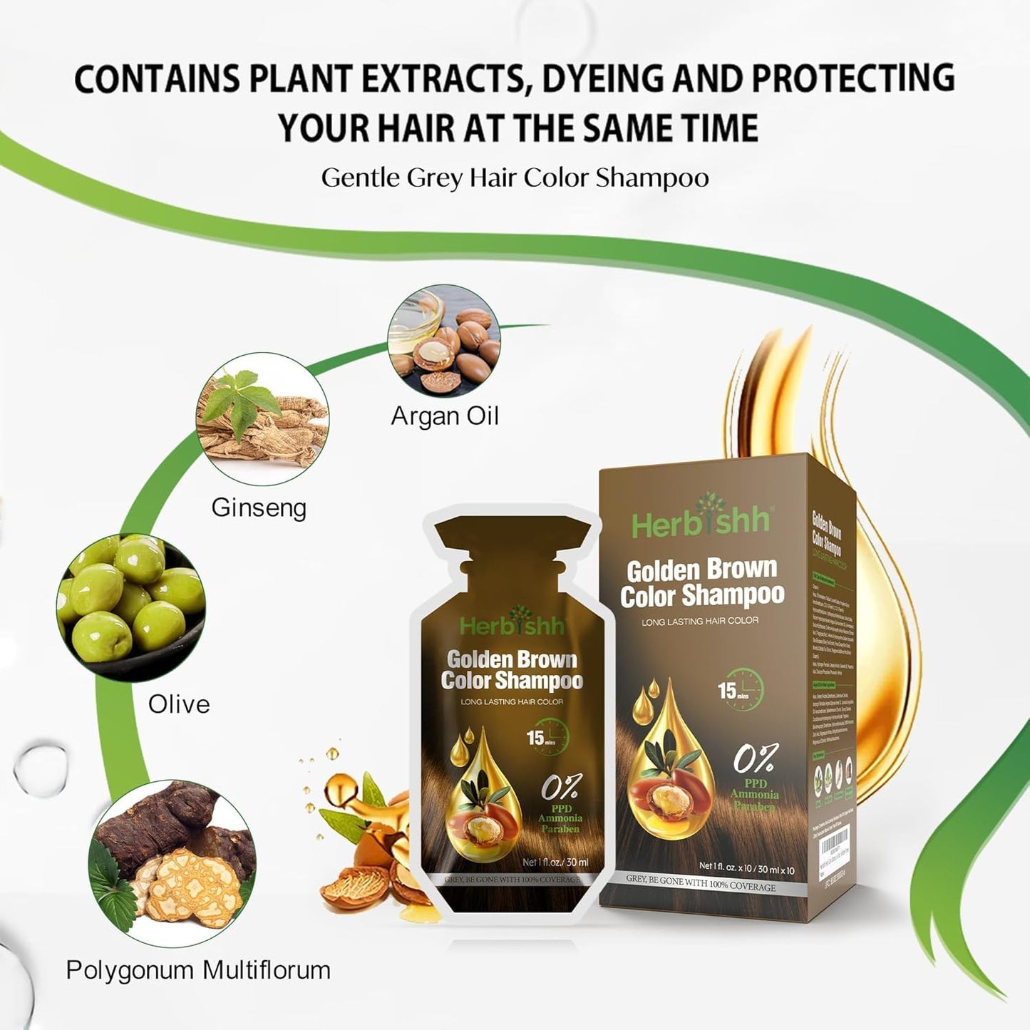 Golden Brown Hair Shampoo, Hair Color for Gray Coverage, 3 in 1 Hair Dye Shampoo - champu para tenir el cabello, Colors in Minutes, Easy to Use PPD Free Pouch 30mlx10p