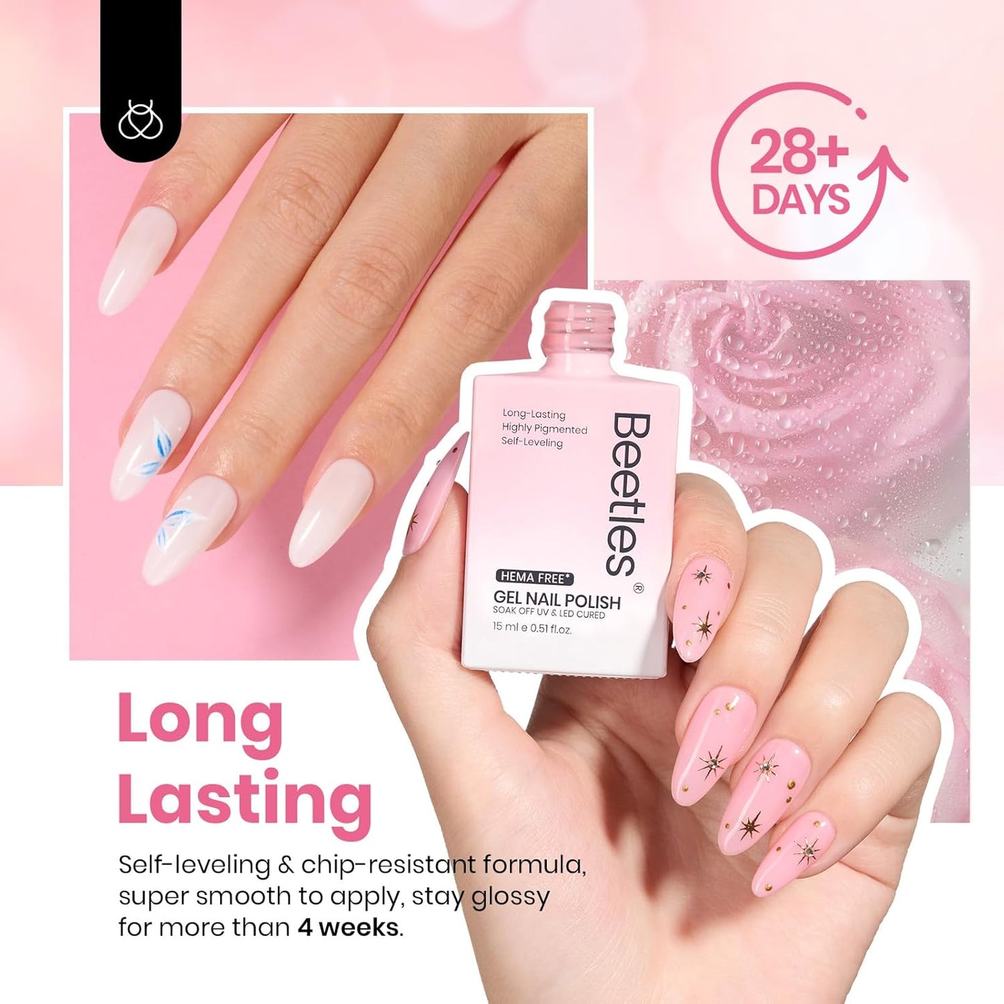 Beetles Nude Pink Gel Nail Polish Set, 6 Colors Hema Free Light Pink Jelly Gel Polish Translucent 15ML Full Size Nail Concealer High Gloss Soak Off UV Salon Spring Colorful Bottle Gel Gift for Women