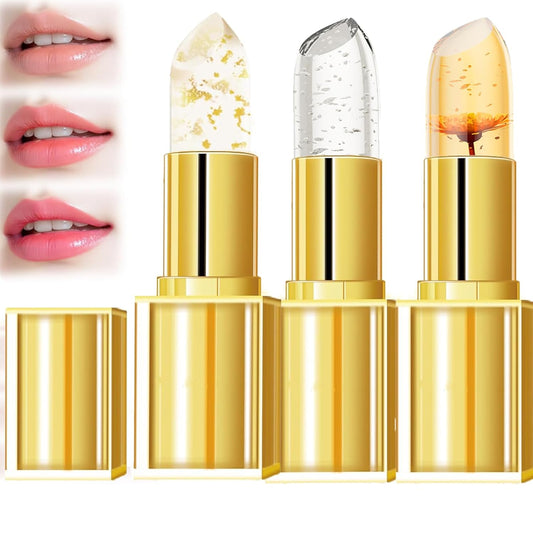MUNIP Transferproof Color Changing Lipstick,Gold Crystal Ph Color Changing Conservation Clear Lipstick Set,Flower Jelly Lipsticks Set,Long Lasting Moisturizing Nutritious Lip Gloss for Women (1set)