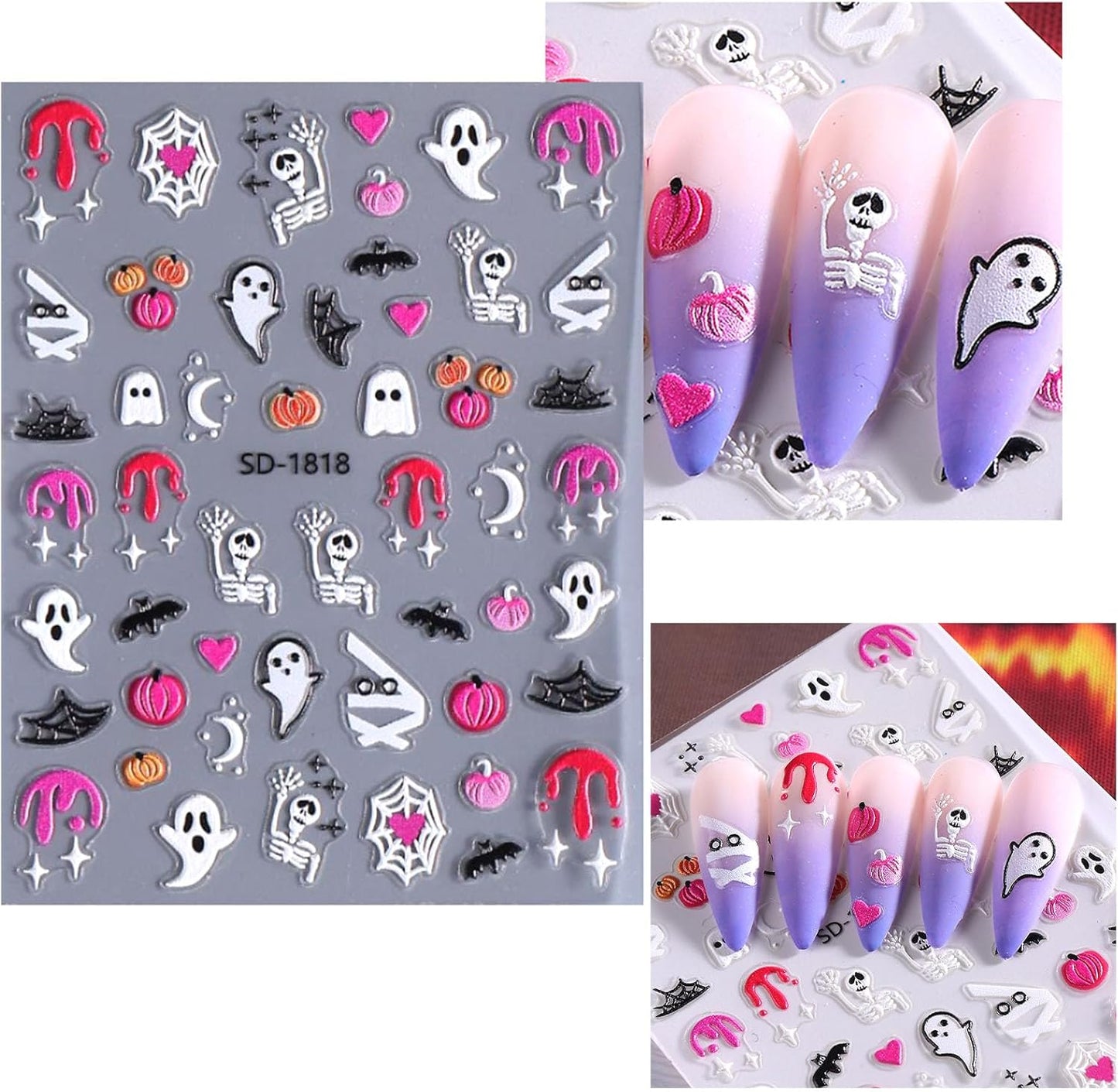 Halloween Nail Stickers Cute Ghost Nail Decals 5D Self Adhesive Pumpkin Spider Web Bat Blood Drop Stars Moon Nail Art Design Stickers for Women Girls 6 Sheets
