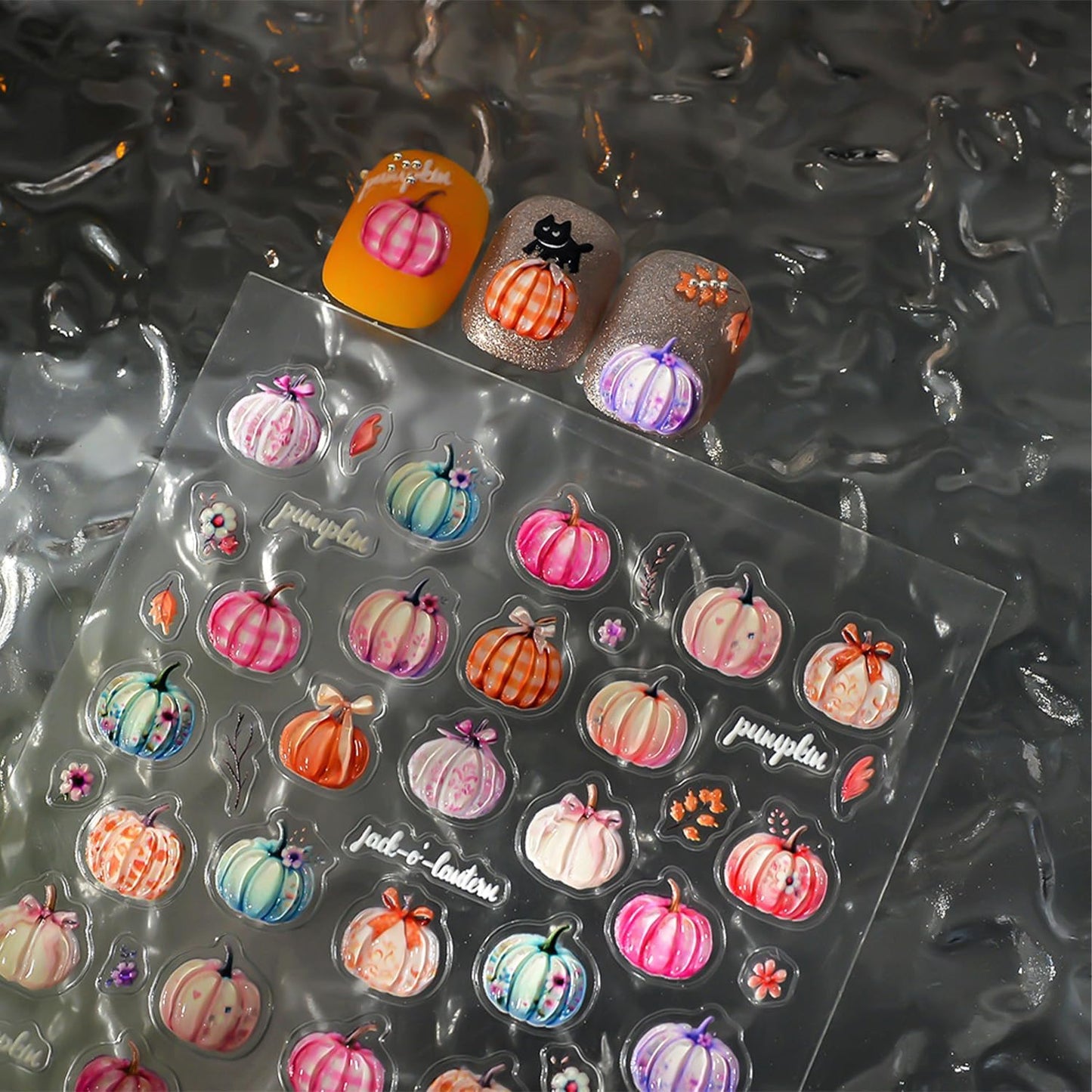 1 Sheets Colorful Pumpkin Nail Stickers for Nail Art 5D Self-Adhesive Embossed Fall Nail Art Stickers Thanksgiving Nail Decals Autumn Leaves Nail Design Sticker for Women Manicure DIY
