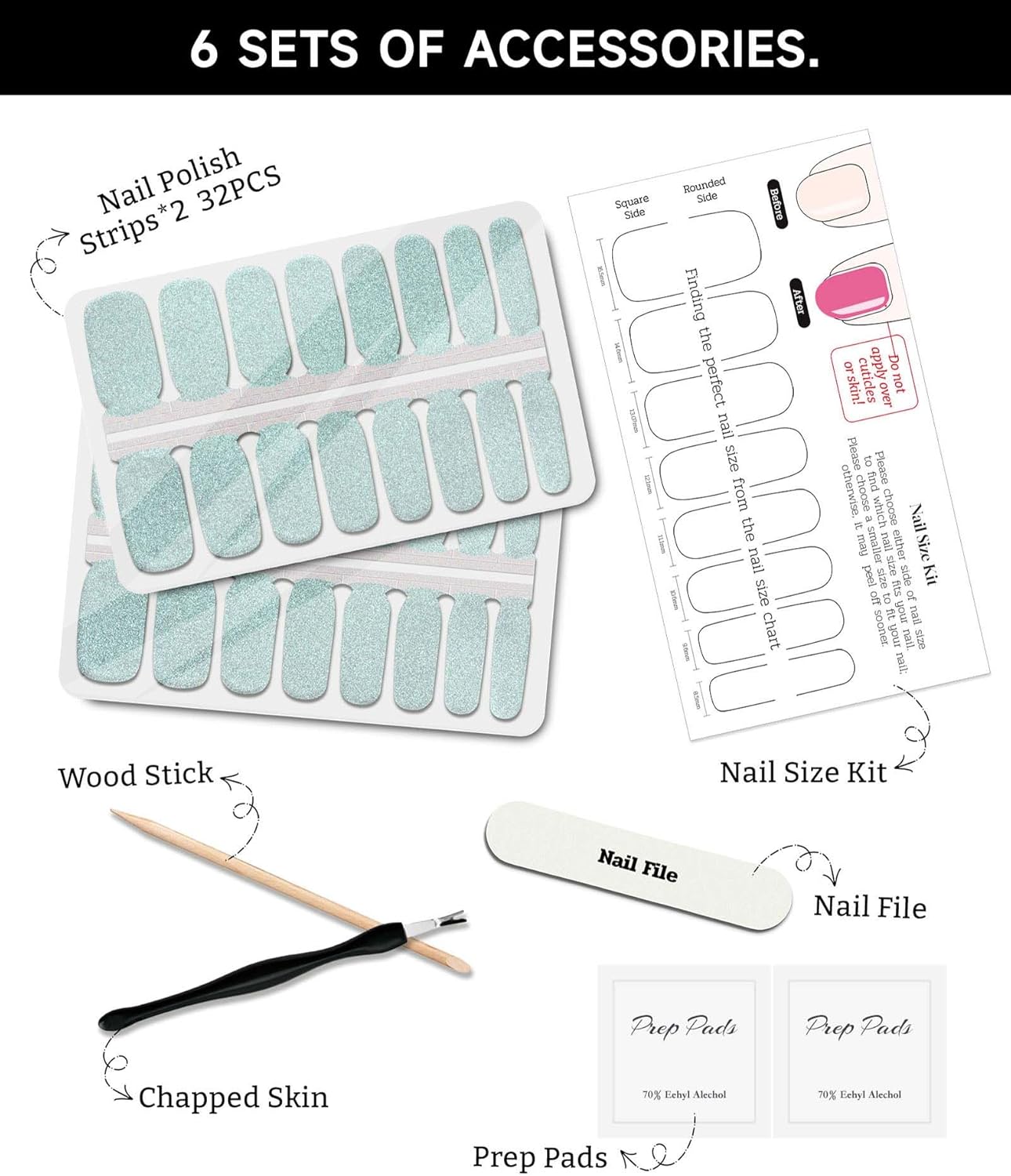 Glitter Nail Polish Strips, 32 Pcs Salon Quality Gel Nail Stickers, Long Lasting Wraps Easy to Use & Remove (Glitter Aquamarine)