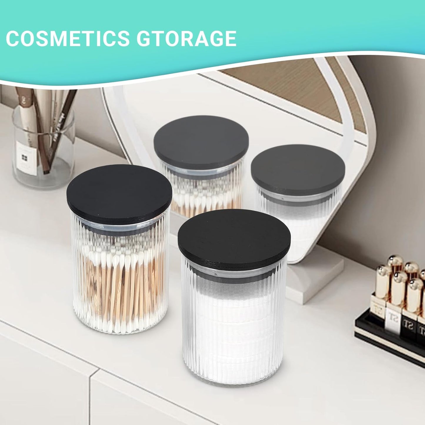 4 Pack Glass Qtip Holder Dispenser Set - Apothecary Jars with Lids for Vanity Makeup Organizer - Bathroom Canister Storage Organizer for Cotton Ball, Swab, Round Pads,Floss