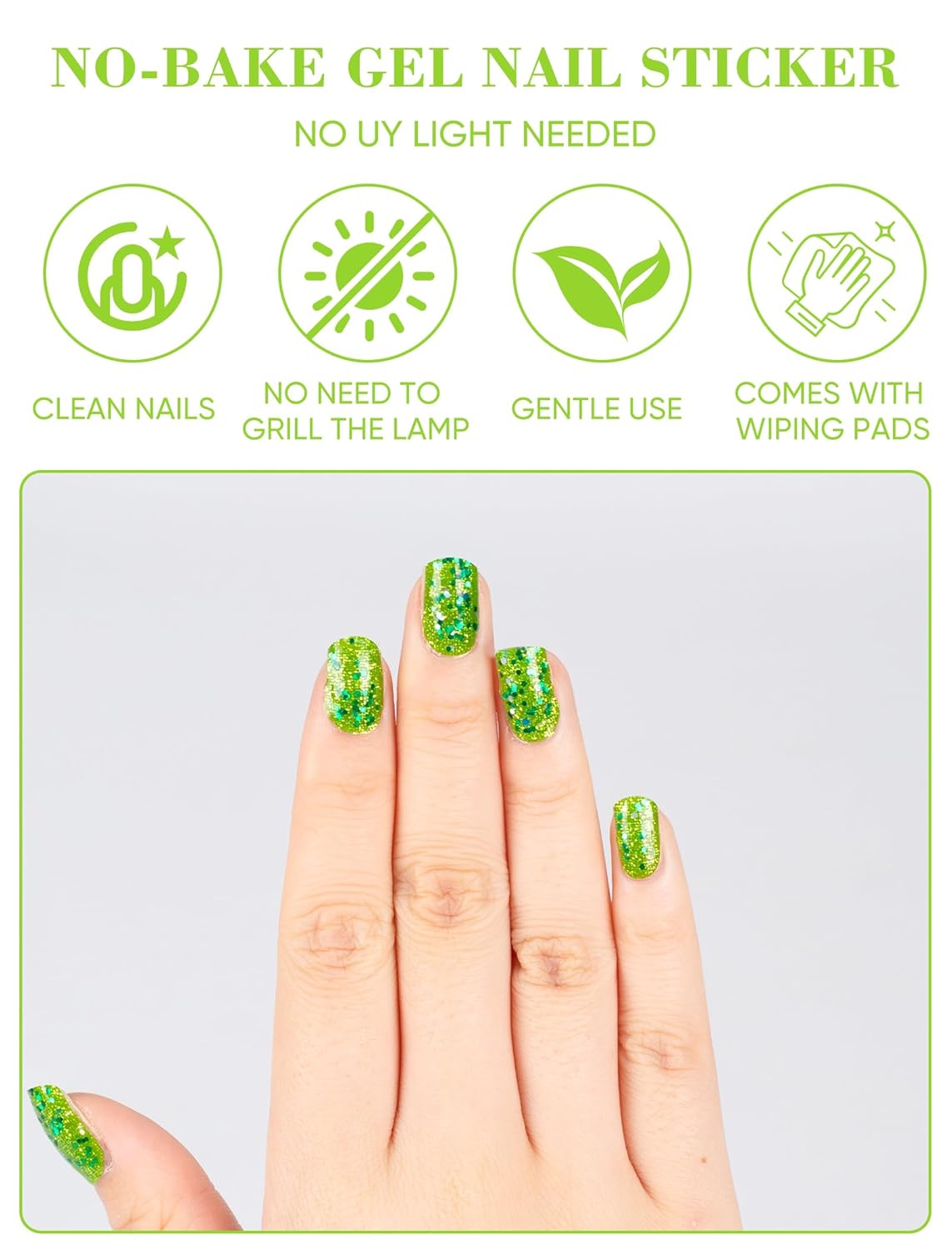 48 Pcs No UV Light Needed Self-Adhesive Semi Cured Stick on Nail Polish Strips, Gel Nail Art Design Stickers Wraps for Women with Nail Files (Green)(Green)