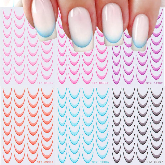 6 Sheets French Tip Nail Stickers for 3D Self-Adhesive Gradient Decals - Colorful Stripe Tips Supplies for DIY Art Decorations Tools