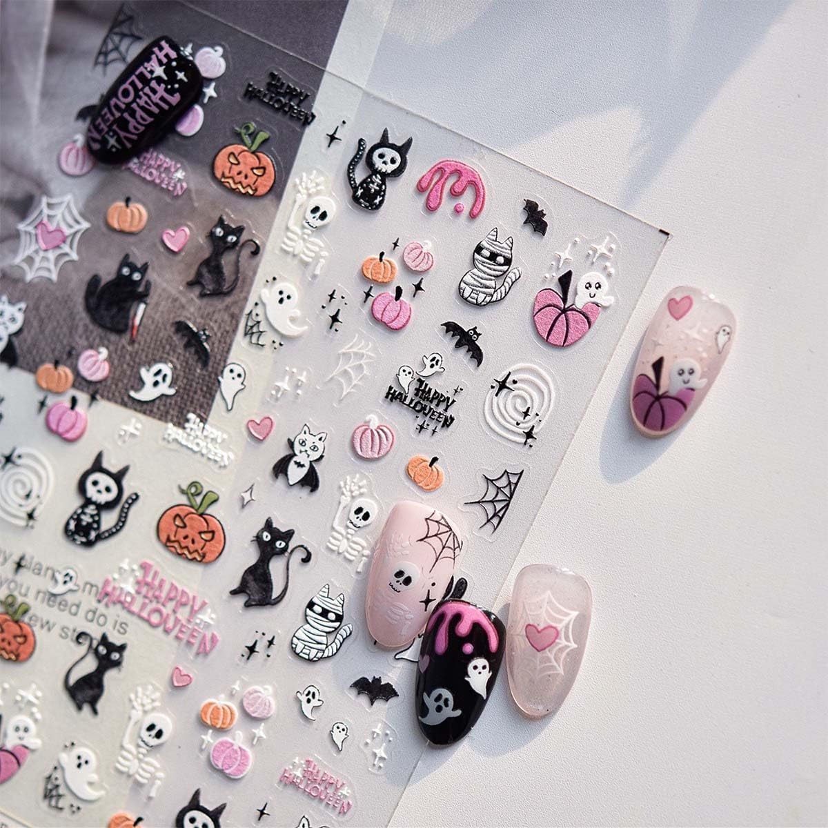 1Sheet 5D Halloween Nail Art Stickers Cute Spooky Pumpkin Nail Decals 3D Self-Adhesive Nail Supplies Spider Web Bat Ghosts Cat Halloween Nails Design for Women Holiday Nails DIY French Manicure Decor