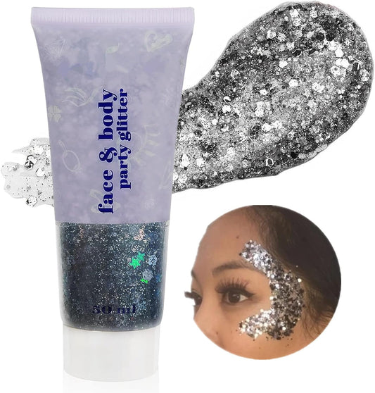 Go Ho Black Face Body Glitter,Halloween Face Paint Glitter Makeup,Holographic Chunky Sequins Glitters for Festival Cosplay SFX Costume,Festival Rave Accessories,Eye Black Glitter Gel