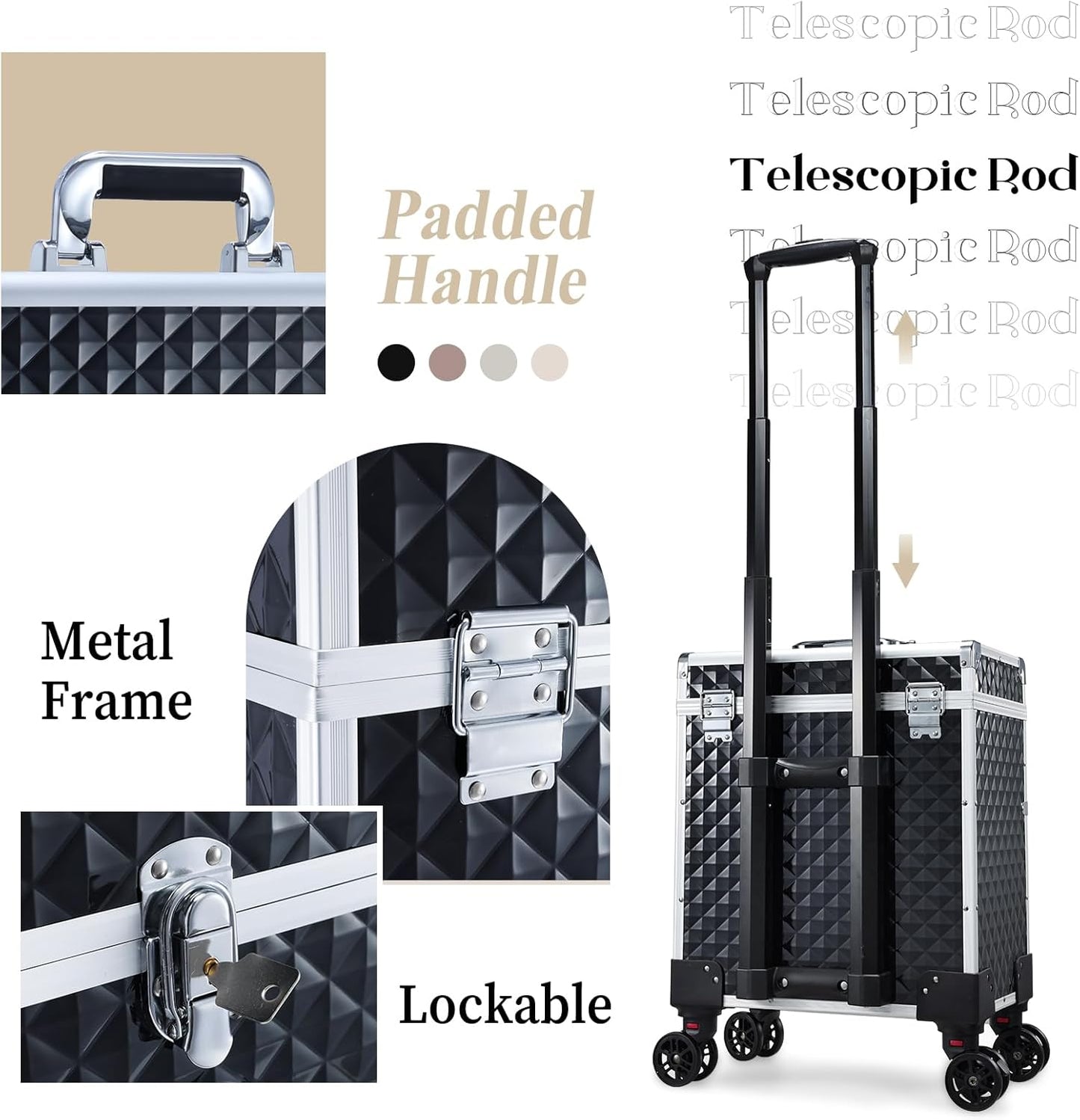 Adazzo Professional Rolling Makeup Case with Drawer for Makeup Artists Cosmetic Train Case Large Storage Case for Nail Technicians Cosmetology Case with Detachable Bag for Hairstylist Black