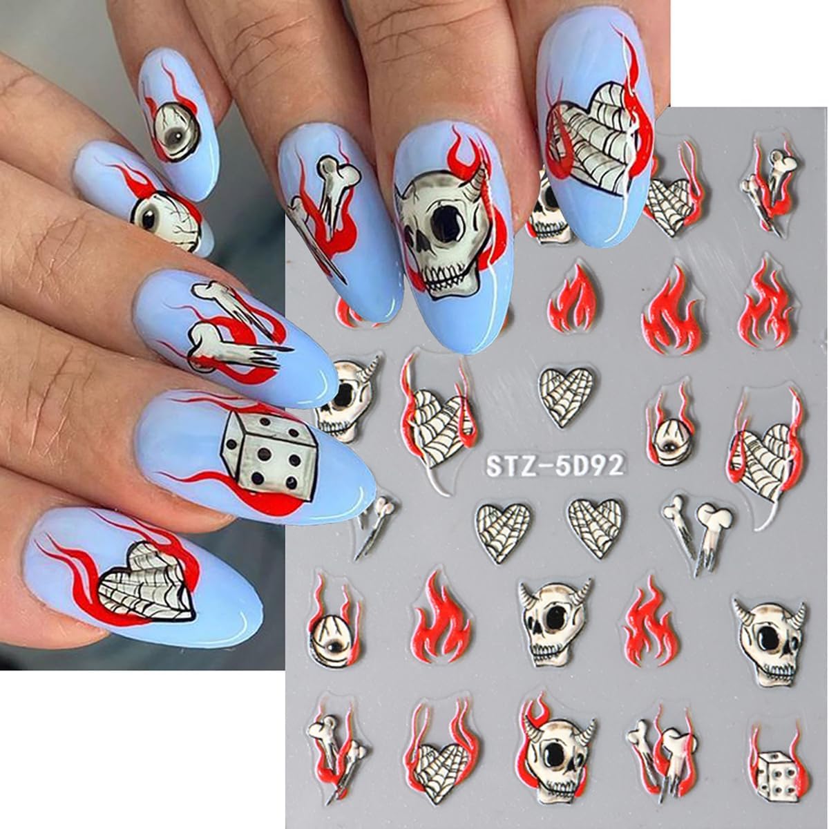 8 Sheets Halloween Nail Art Stickers Goth Ghost Nail Decals 3D Self-Adhesive Skeleton Skull Spider Nail Stickers 5D Black Wing Nail Supplies Halloween Nail Design Stickers for DIY French Manicure