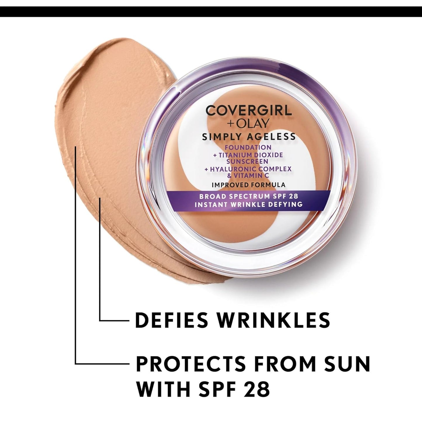 COVERGIRL Simply Ageless Instant Wrinkle Defying Foundation, SPF 28, Hyaluronic Complex & Vitamin C - 245 Warm Beige, Pack of 1