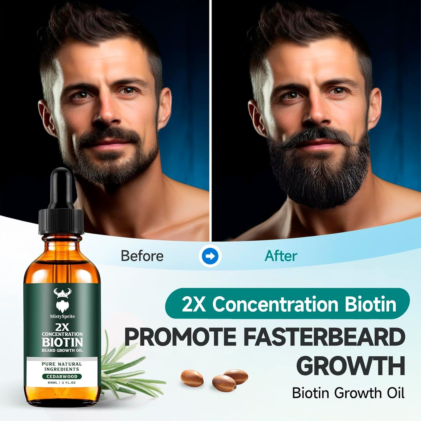 Beard Growth Oil - 2X Concentration Biotin Beard Oil for Men (2 oz) - Natural Mens Beard Oil with Argan Oil, Jojoba Oil and Vitamin, Beard Growth Softener, Moisturizer (Cedarwood)
