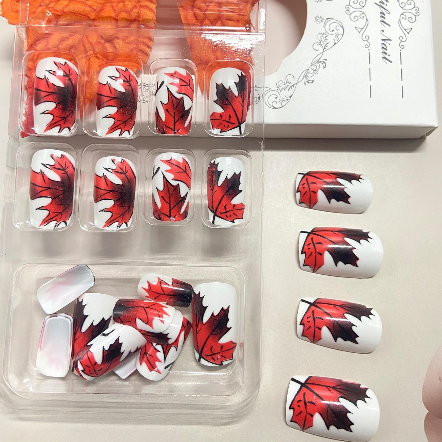 Fall Maple Leaf Press on Nails Medium Square Thanksgiving Fake Nails for Women Autumn Maple Leaves Acrylic Glue on Nail Glossy Reusable Artificial Stick on Nail