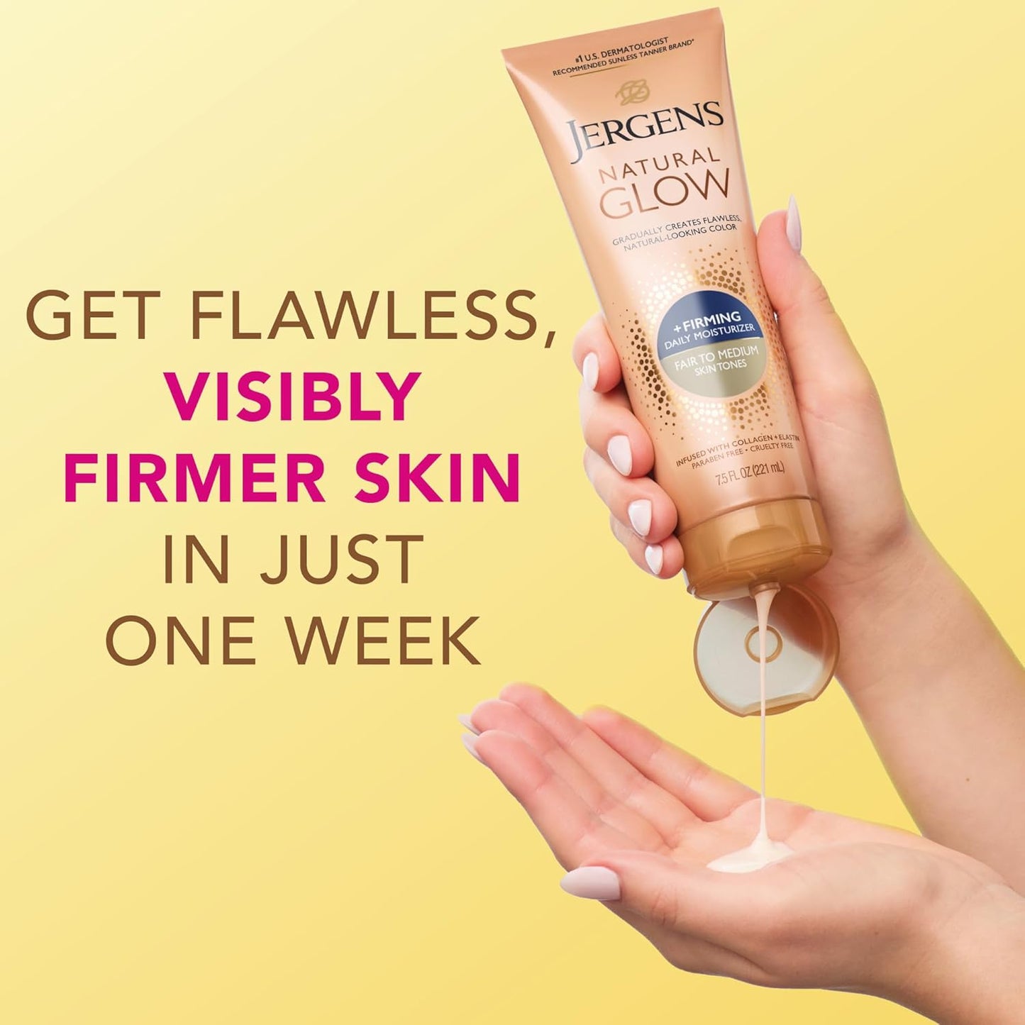 Jergens Natural Glow +Firming Self Tanner Body Lotion, Fair to Medium Skin Tone, Sunless Tanning Moisturizer with Collagen and Elastin. Helps to Visibly Reduce Cellulite, 7.5 Fl Oz