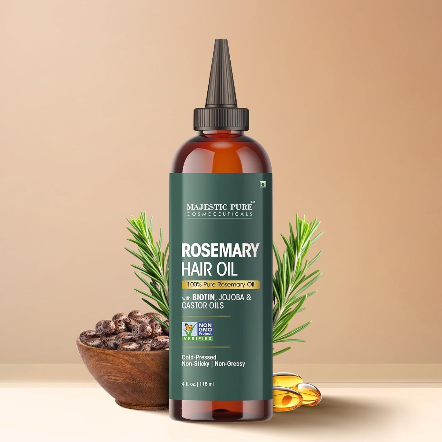 Majestic Pure 100% Pure Rosemary Oil for Hair Growth - Strengthening, Nourishing, Volumizing - Infused with Biotin Oil, Jojoba Oil & Castor Oil - Non GMO Verified - 4 Fl Oz - With Applicator