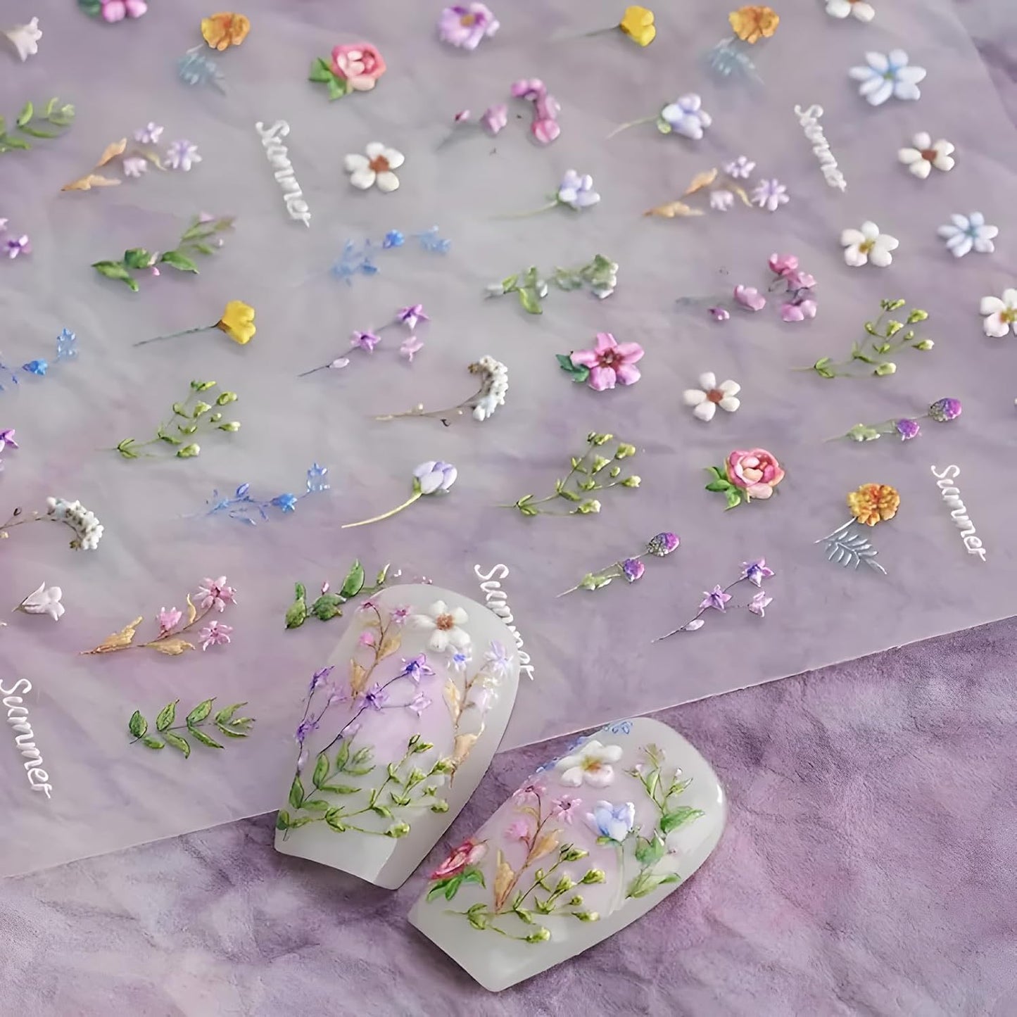 Flower Nail Art Stickers Decals 5D Embossed Self Adhesive Flower Nail Stickers for Nail Art Spring Summer Nail Decals Colorful Floral Nail Supplies Decoration for Women and Girls 2 Sheets