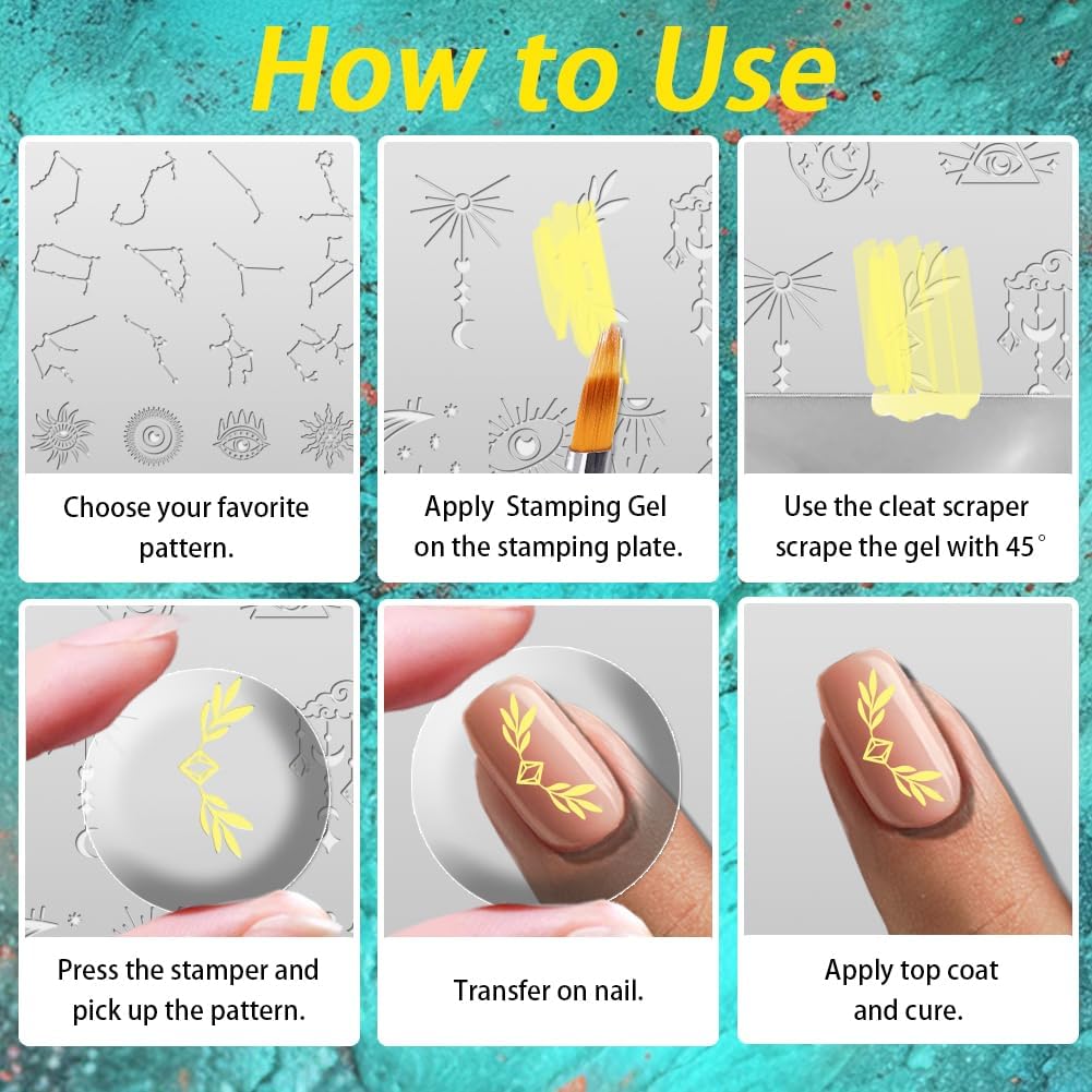 3Pcs Constellation Nail Stamping Plate Set Zodiac Tarot Nail Stamp Templates Sun Moon Stars Stainless Steel DIY Reusable Tools with Stamper Scraper for Manicure Printing