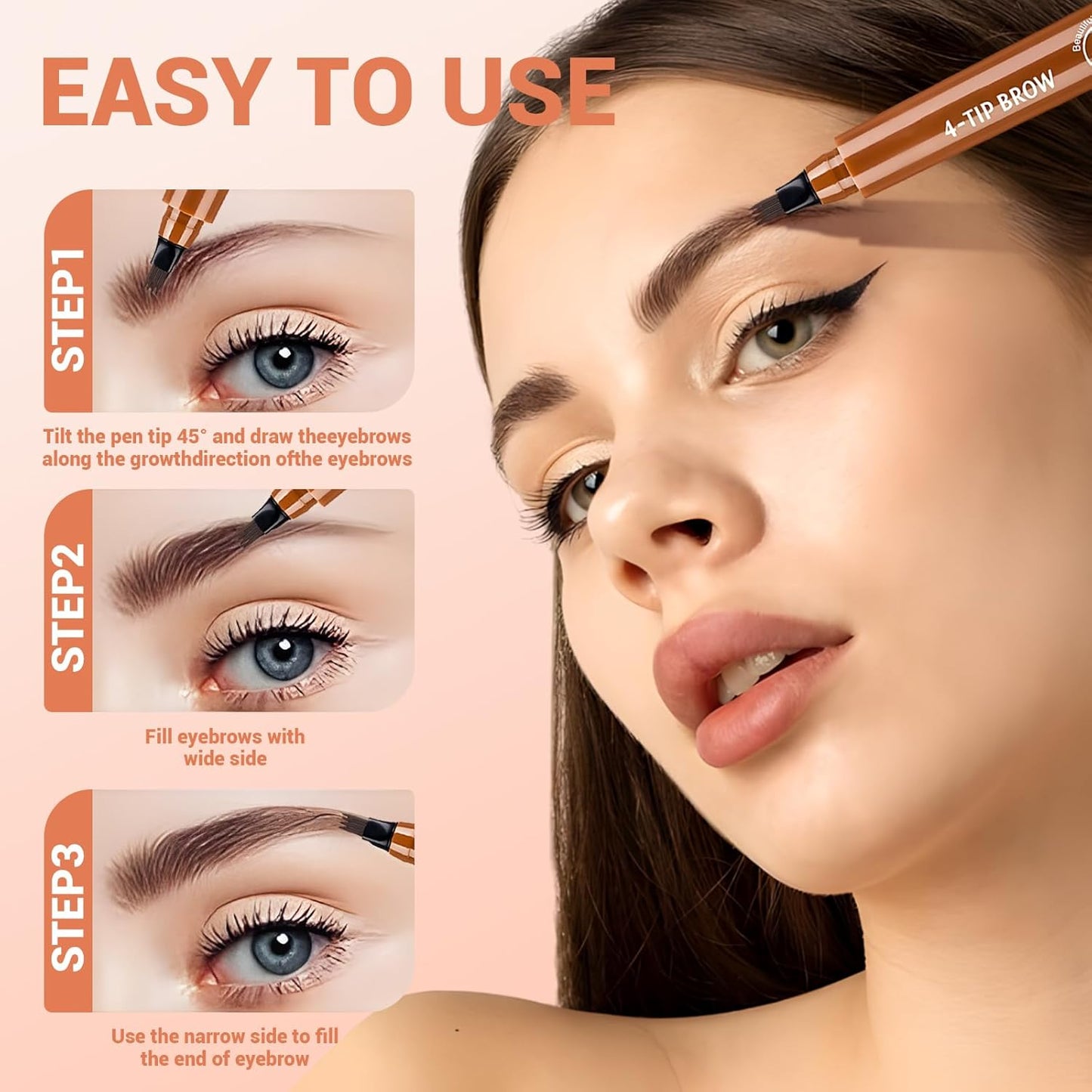 2025 New Magic Eyebrow Pencil, 4 Tipped Precise Brow Pen 3D Waterproof Microblading Contouring Pen Fine Stroke Microblading Eyebrow Pencil Creates Natural (Black)