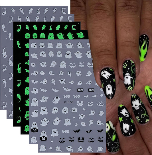 Halloween Nail Art Stickers Decals 3D Self-Adhesive Cute Luminous Ghost Nail Stickers 6 Sheets Glow in The Dark Ghost Bat Nail Decals Supplies Halloween Stickers for Women DIY Manicure Decorations